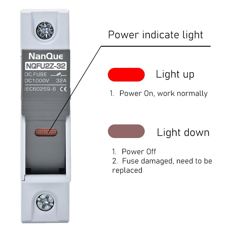 NanQue 2Pcs DC Fuse Holder with Core Block 100-1000V Solar PV Battery Short-Circuit Protect Single Poles 5/6/8/10/12/15/16/20/25/30/32 Amp 25kA Break Capacity Din Rail Install with Light Indicate (8A) - Image 4